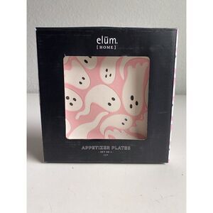Set Of 4 Elum Home Halloween PINK & PURPLE Ghosts Ceramic Appetizer Plates 7.5”